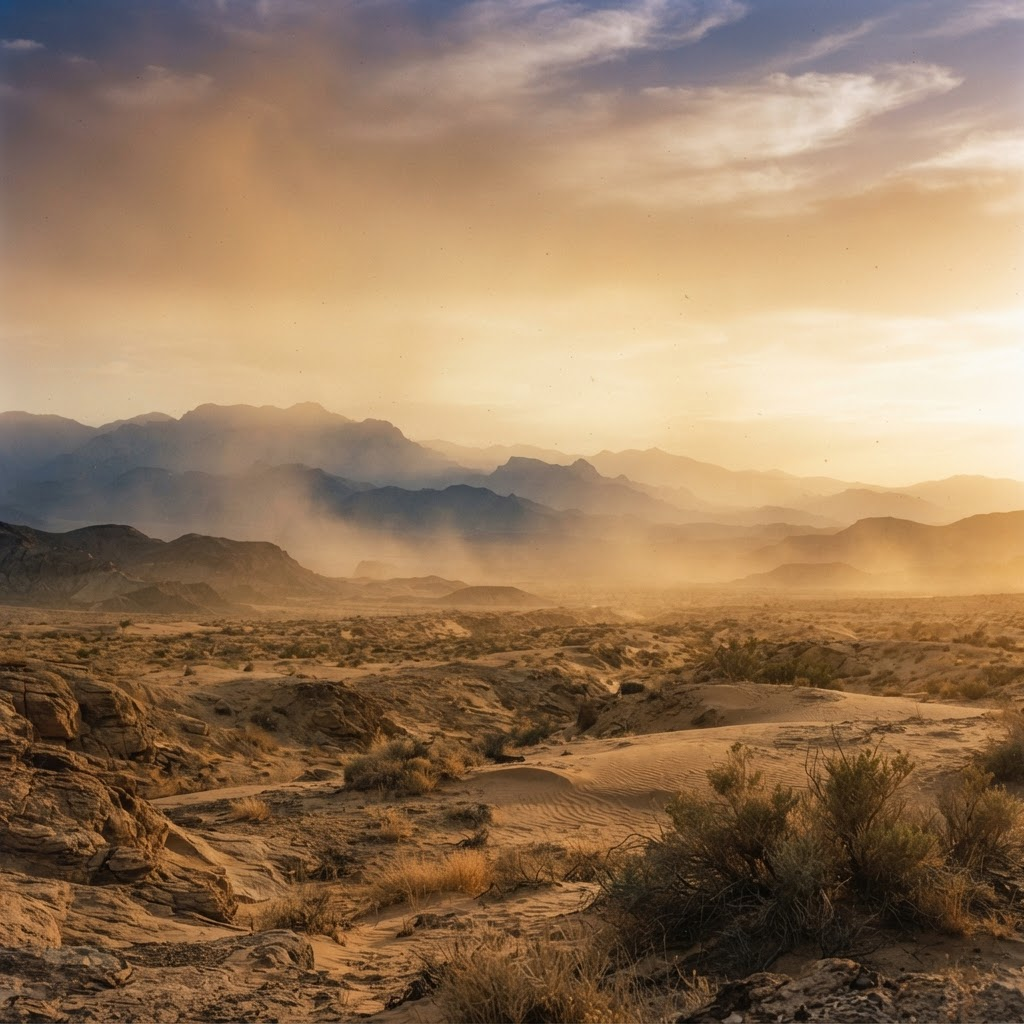 Hazy desert sky at golden hour with distant mountains obscured by atmospheric dust